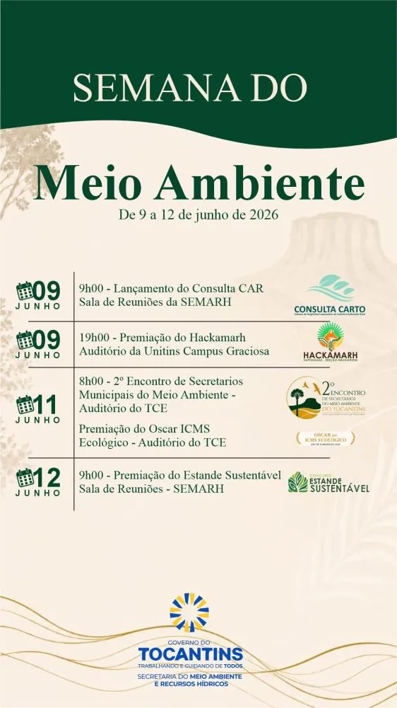 Semana do Meio Ambiente terá lançamento de plataforma, premiações e encontro de gestores no Tocantins