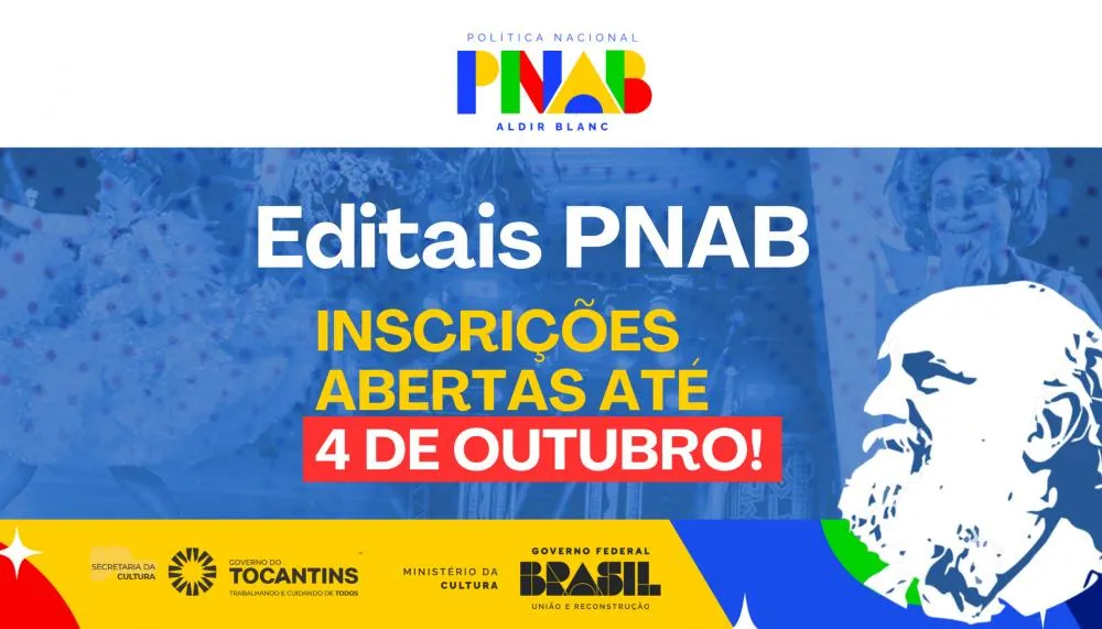Inscrições podem ser feitas pela plataforma pnab.cultura.to.gov.br até 4 de outubro