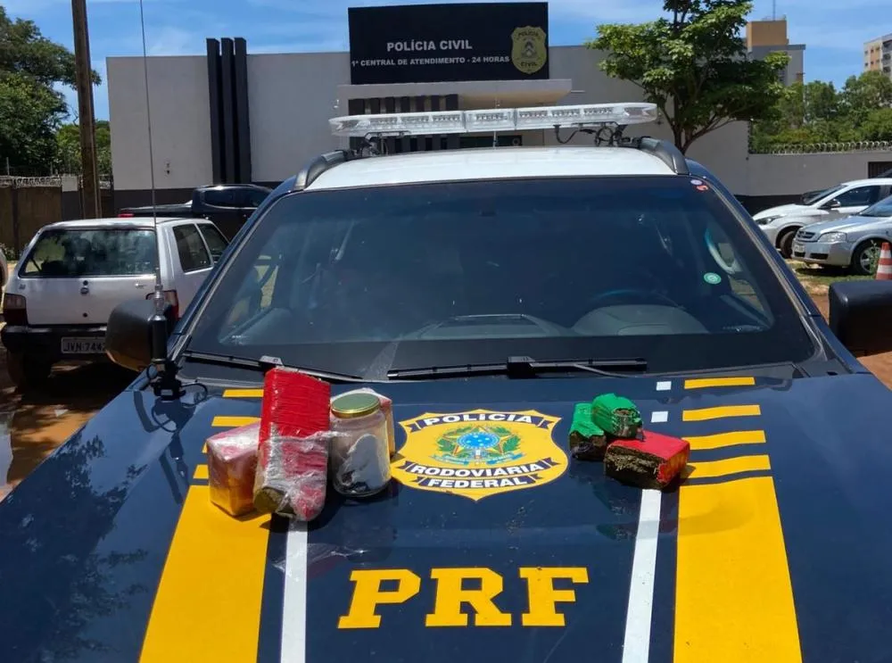 Durante a revista no automóvel, foram apreendidos 2,872 kg de substância análoga à maconha e 338 gramas de substância análoga a cloridrato de cocaína – Foto: Divulgação / PRF