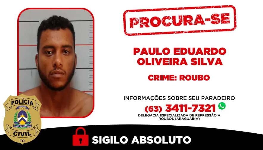 Informações que possam levar ao seu paradeiro podem ser repassadas à DRR - Araguaína, por meio do whatsapp (63) 3411 7321.