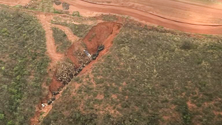 Na região foi localizada uma grande erosão, e a existência de descarte de embalagens de agrotóxicos e de pneus
