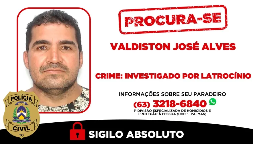 Informações sobre o paradeiro de Valdiston José Alves podem ser repassadas à 1ª Divisão de Homicídios e Proteção à Pessoa, pelo telefone/WhatsApp (63) 3218-6840. O anonimato é garantido